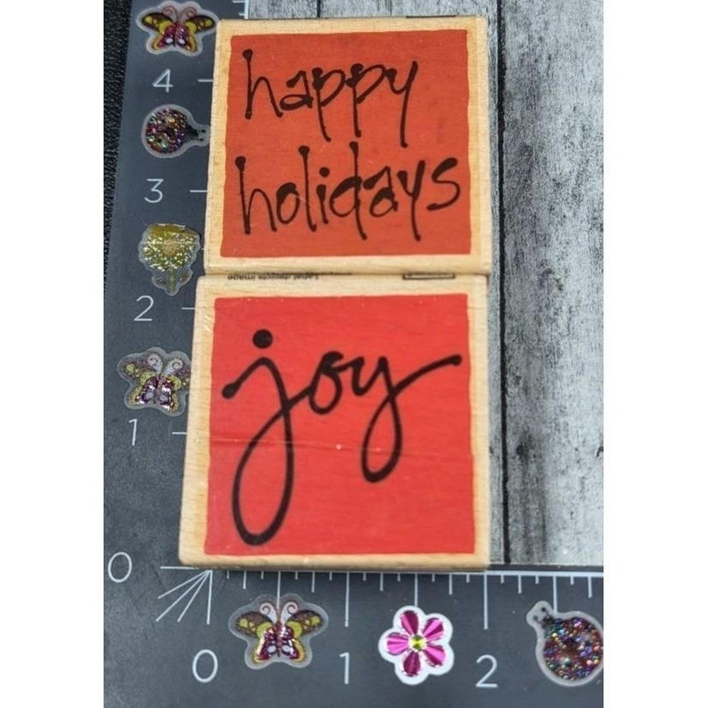 Vap Scrap Happy Holidays Joy Christmas Lot of 2 Rubber Stamp Wood #A109
